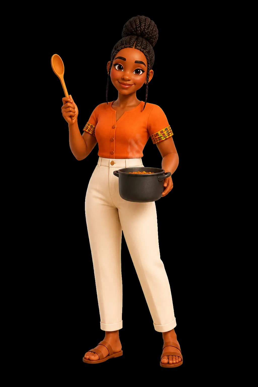 Ama holding a cooking pot and wooden spoon