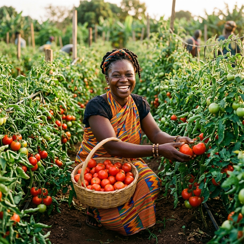 woman harvesting tomatoes